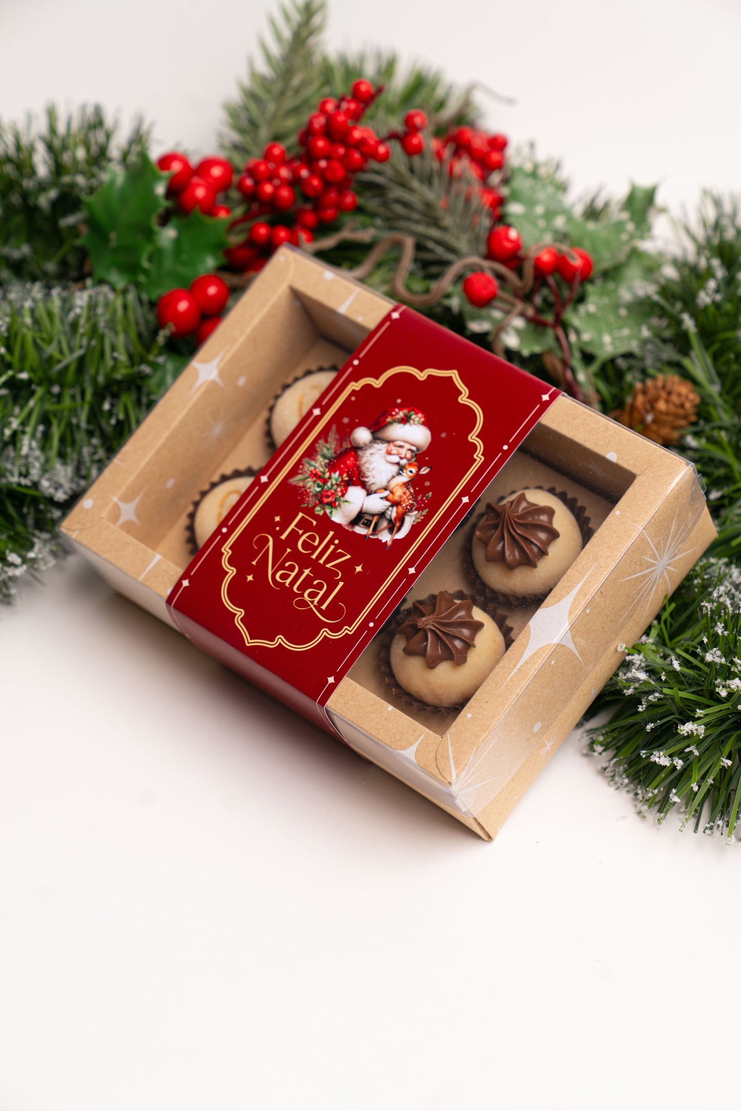 Caixa Kraft 6 Doces c/ Cinta - Linha Estrela de Natal