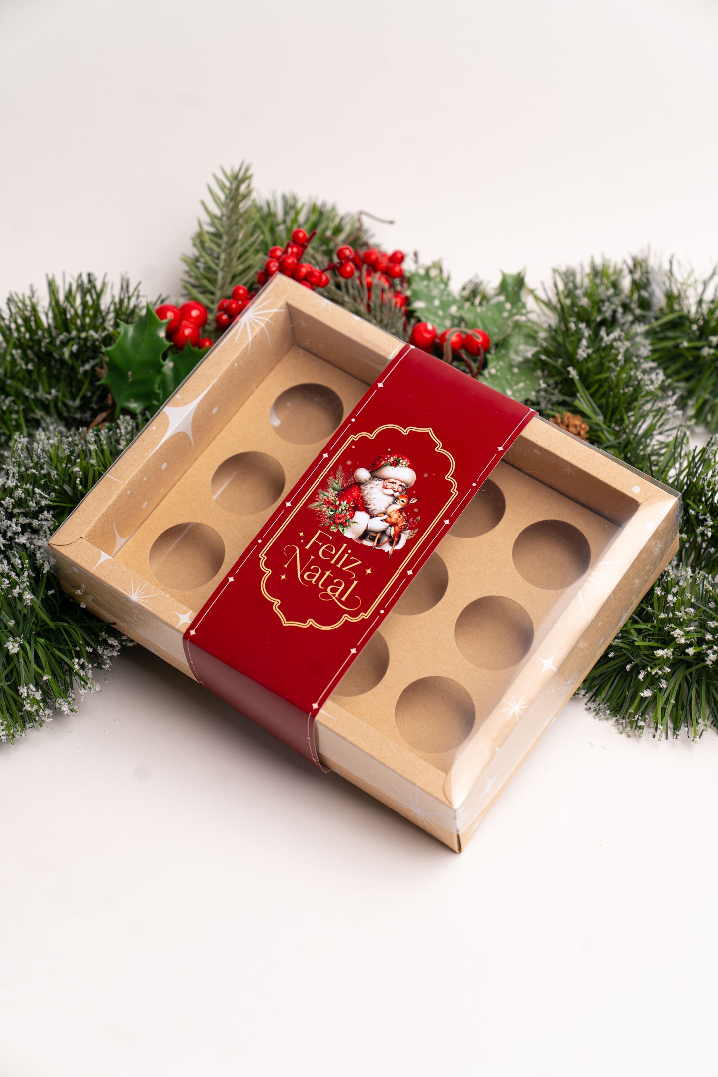 Caixa Kraft 12 Doces c/ Cinta - Linha Estrela de Natal