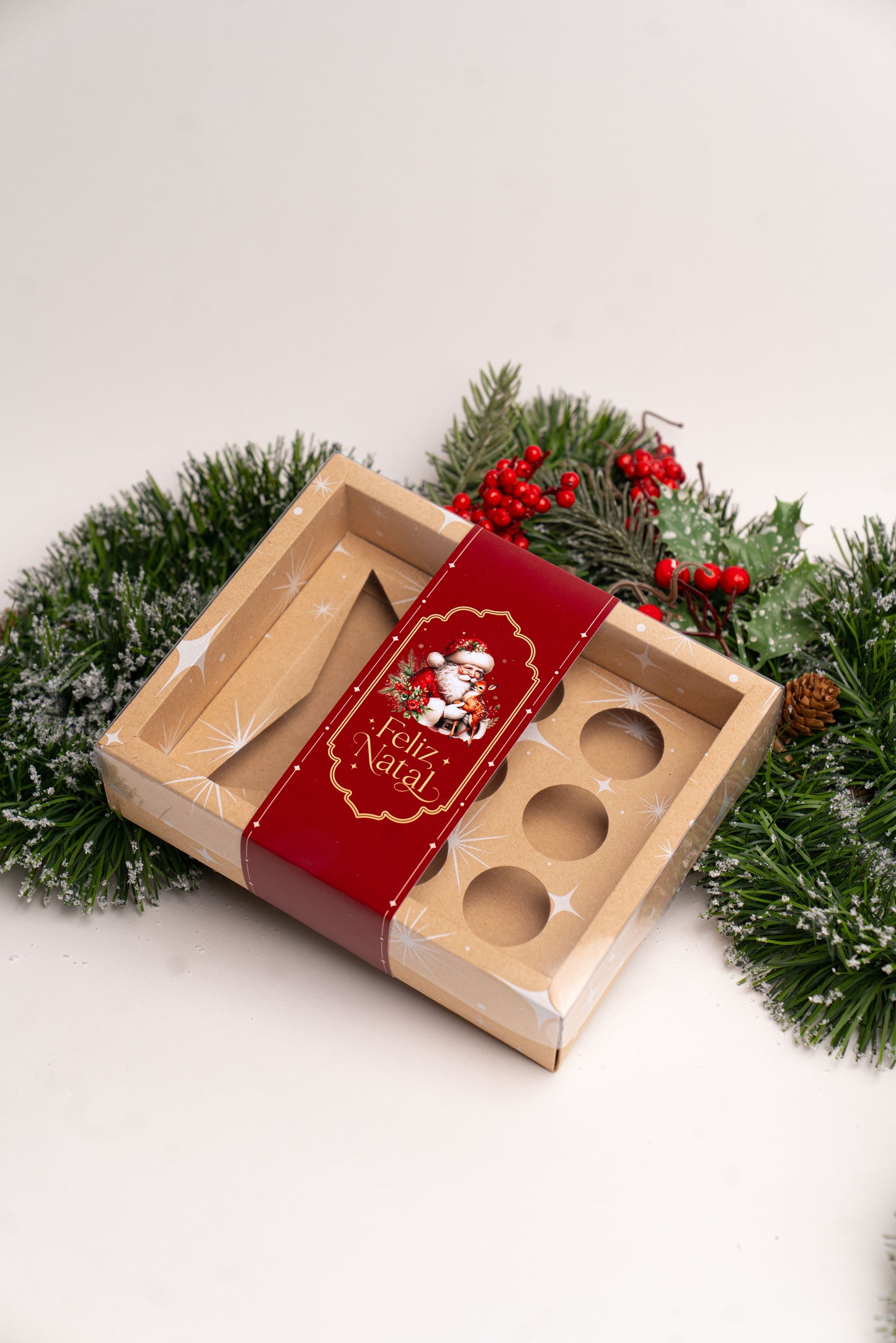 Caixa Kraft Garrafa + 6 Doces c/ Cinta - Linha Estrela de Natal