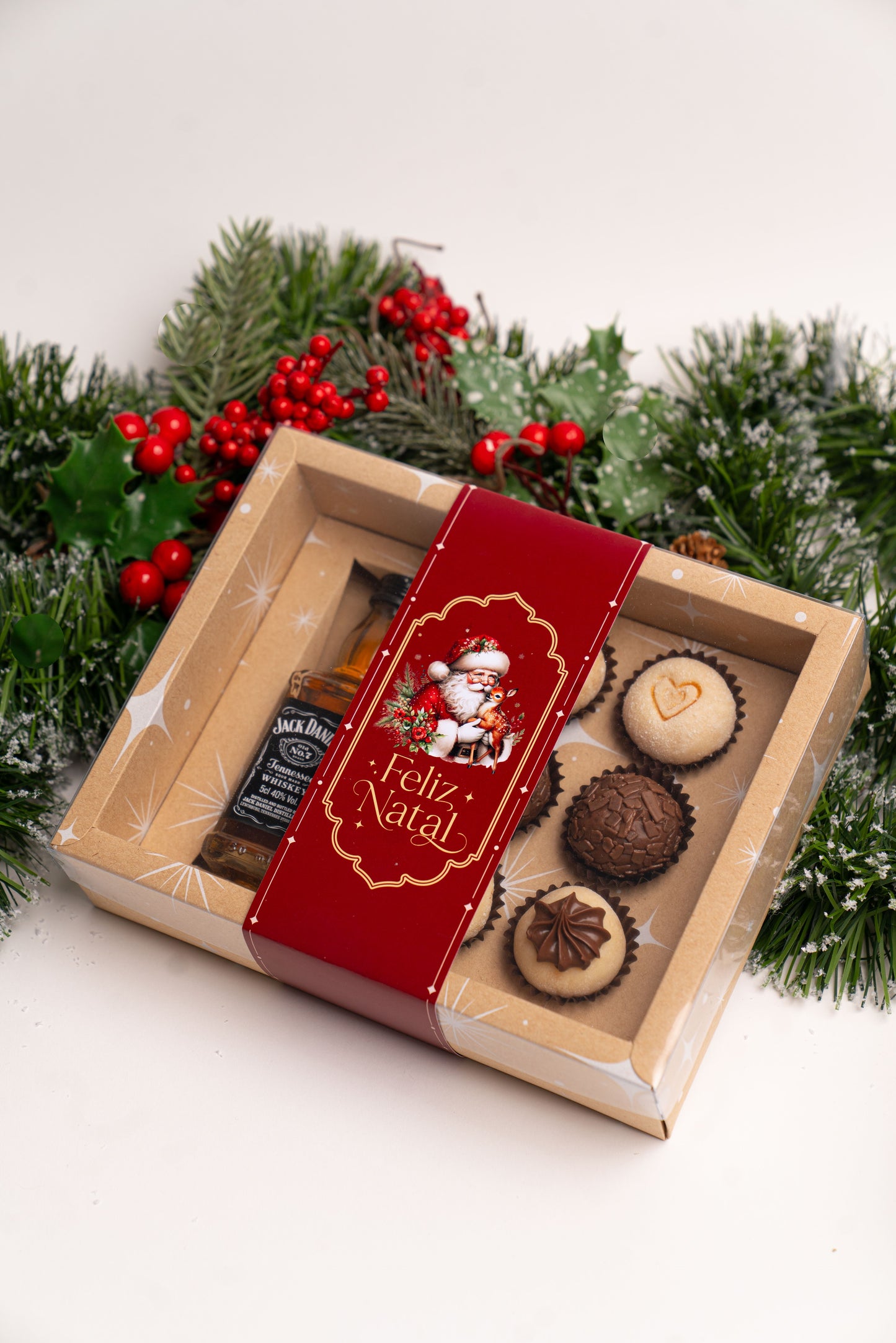 Caixa Kraft Garrafa + 6 Doces c/ Cinta - Linha Estrela de Natal