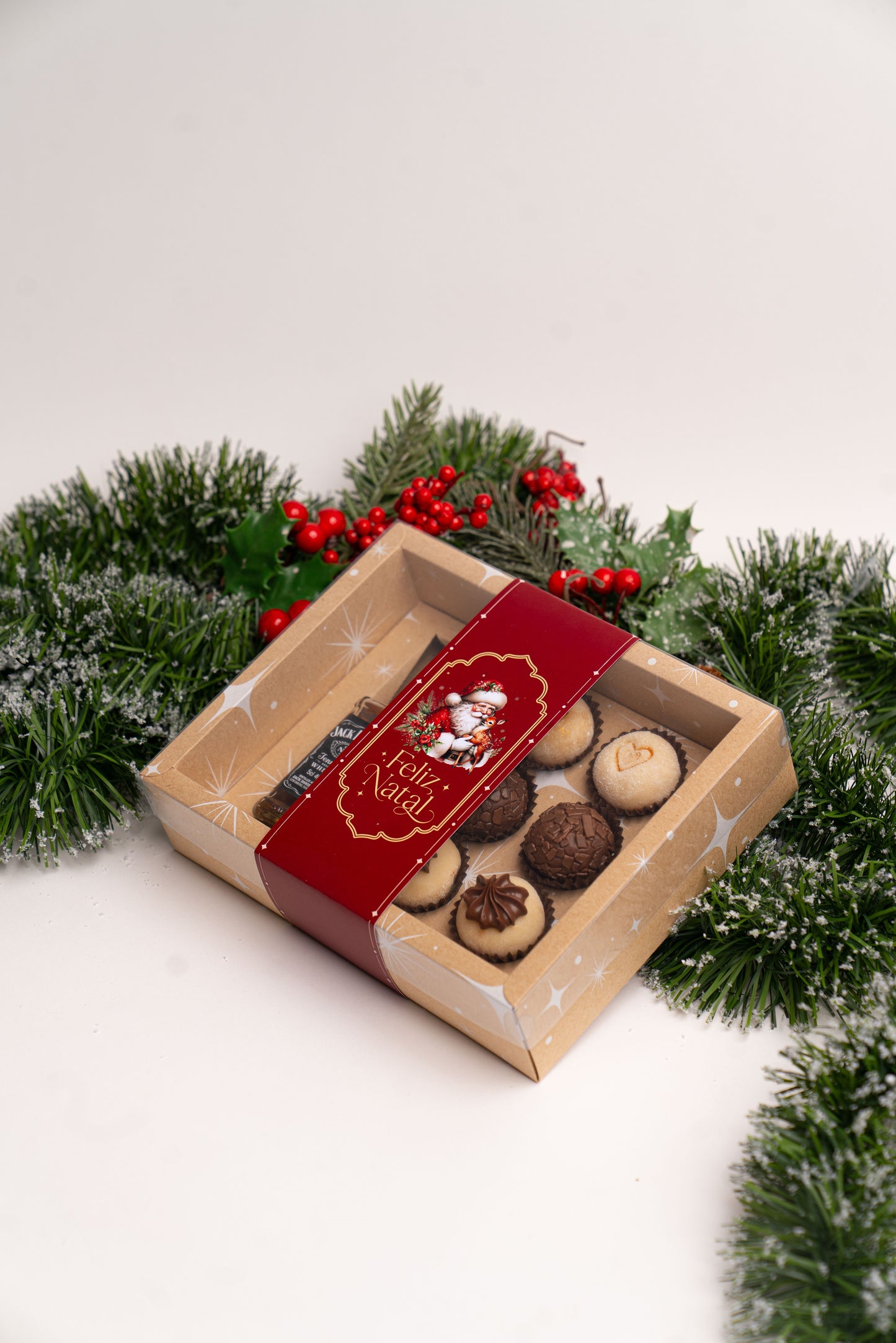 Caixa Kraft Garrafa + 6 Doces c/ Cinta - Linha Estrela de Natal