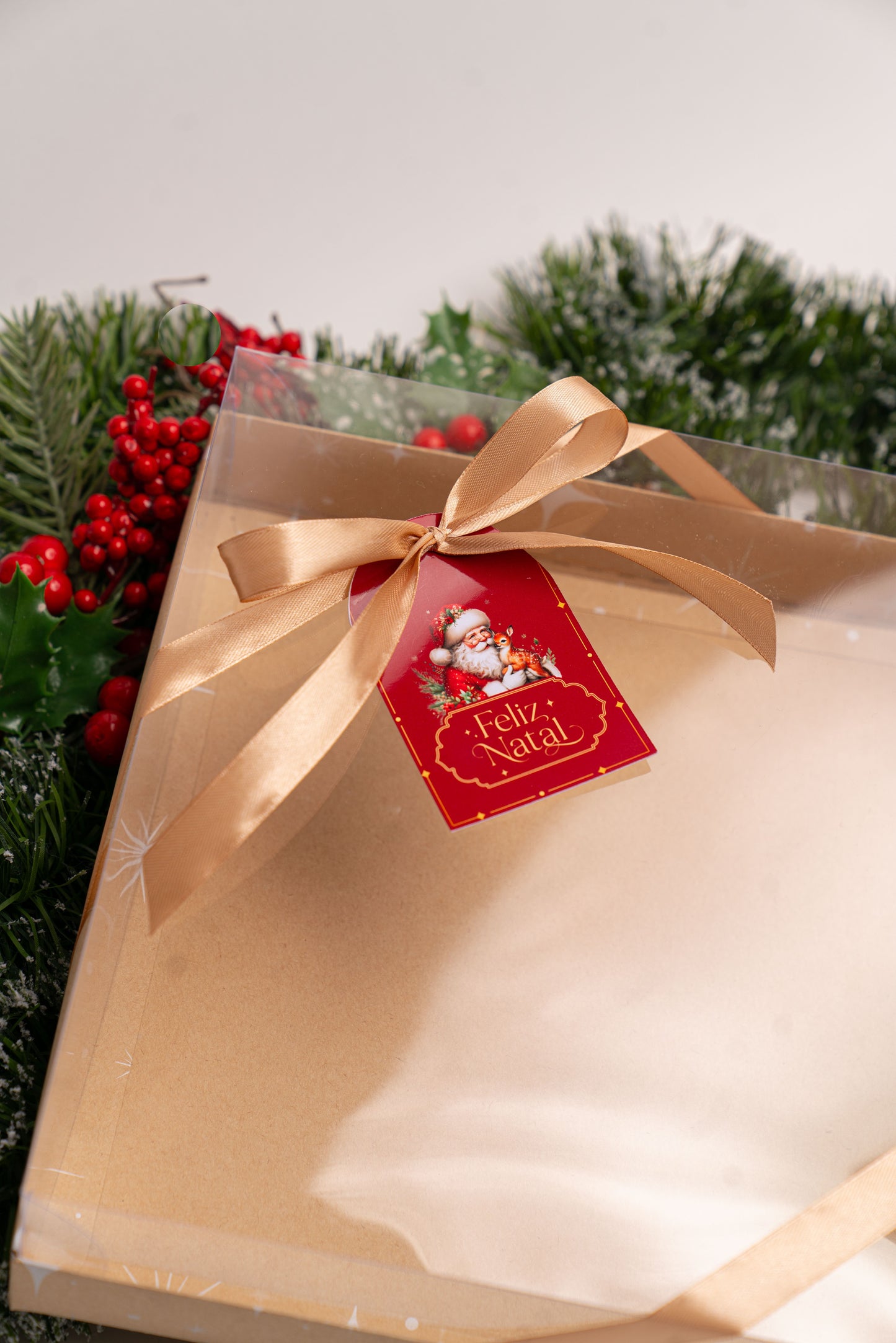 Caixa Kraft p/ Guirlanda Brownie 25x25x4cm c/ Tampa PVC- Linha Estrela de Natal
