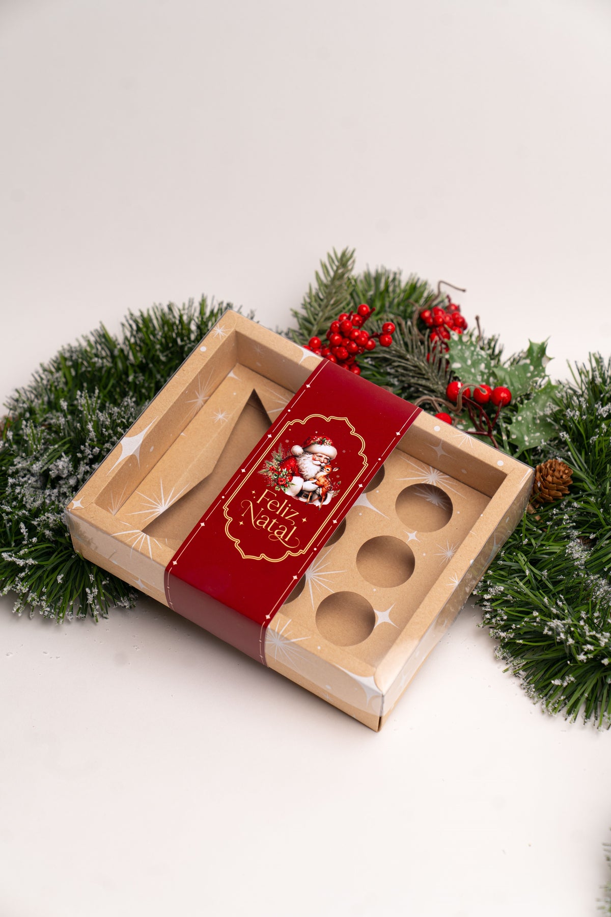 Caixa Kraft Garrafa + 6 Doces c/ Cinta - Linha Estrela de Natal