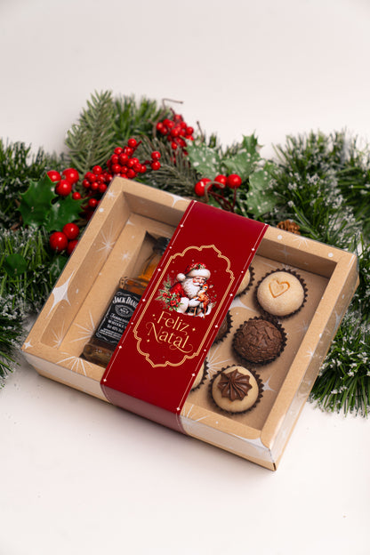 Caixa Kraft Garrafa + 6 Doces c/ Cinta - Linha Estrela de Natal