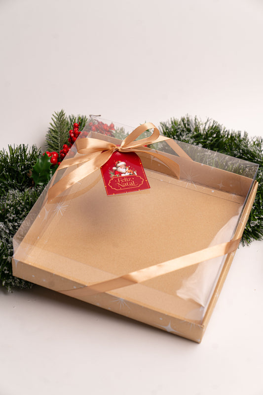 Caixa Kraft p/ Guirlanda Brownie 25x25x4cm c/ Tampa PVC- Linha Estrela de Natal