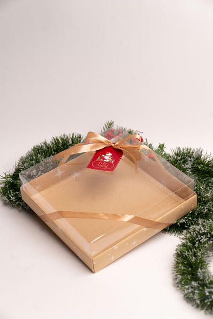Caixa Kraft p/ Guirlanda Brownie 25x25x4cm c/ Tampa PVC- Linha Estrela de Natal