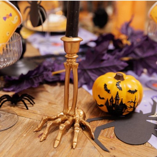 Castiçal Mão de Esqueleto Resina Dourado 10,5x15cm