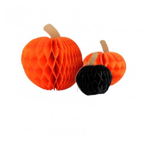 3 Abóboras Papel Favo Laranja e Preto 10cm, 13cm e 18cm